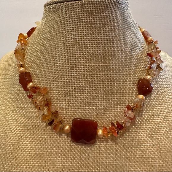 Gorgeous Genuine Carnelian Gemstone and Freshwater Pearls Necklace- orange - Picture 2 of 10